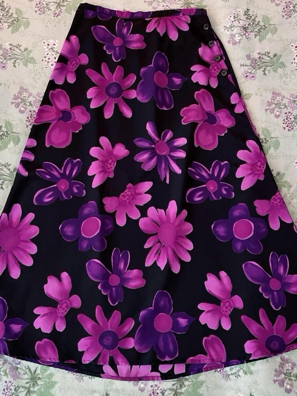Vintage Black Maxi Skirt with Fuchsia and Purple Floral Print